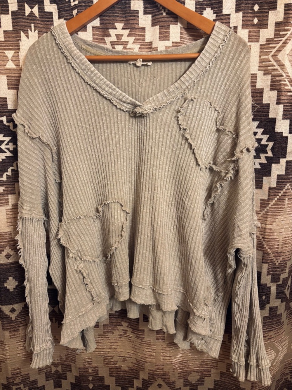 Women’s Distressed Easel Cotton Long sleeve Flowy Top, Size S, Oversized
